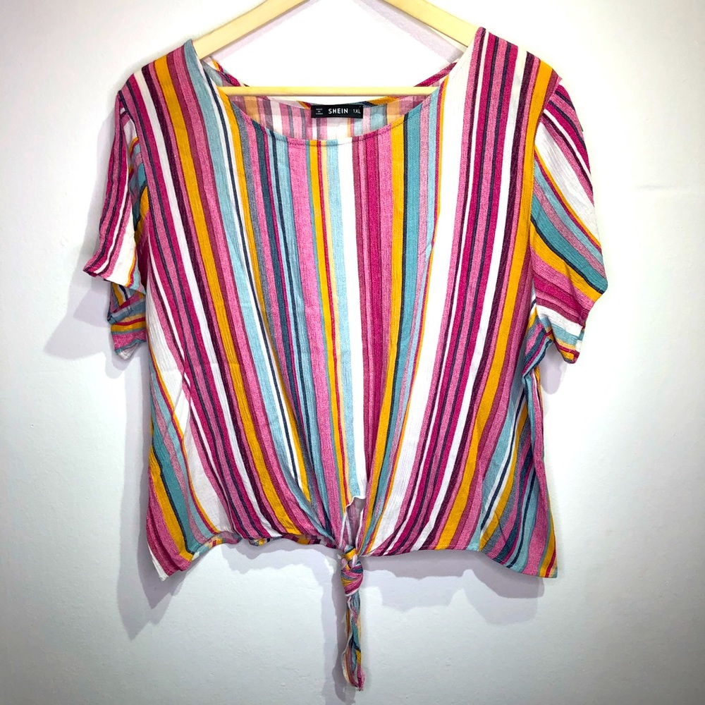 Shein Vertically Stripped Short Sleeve Blouse with Tie Size 1XL